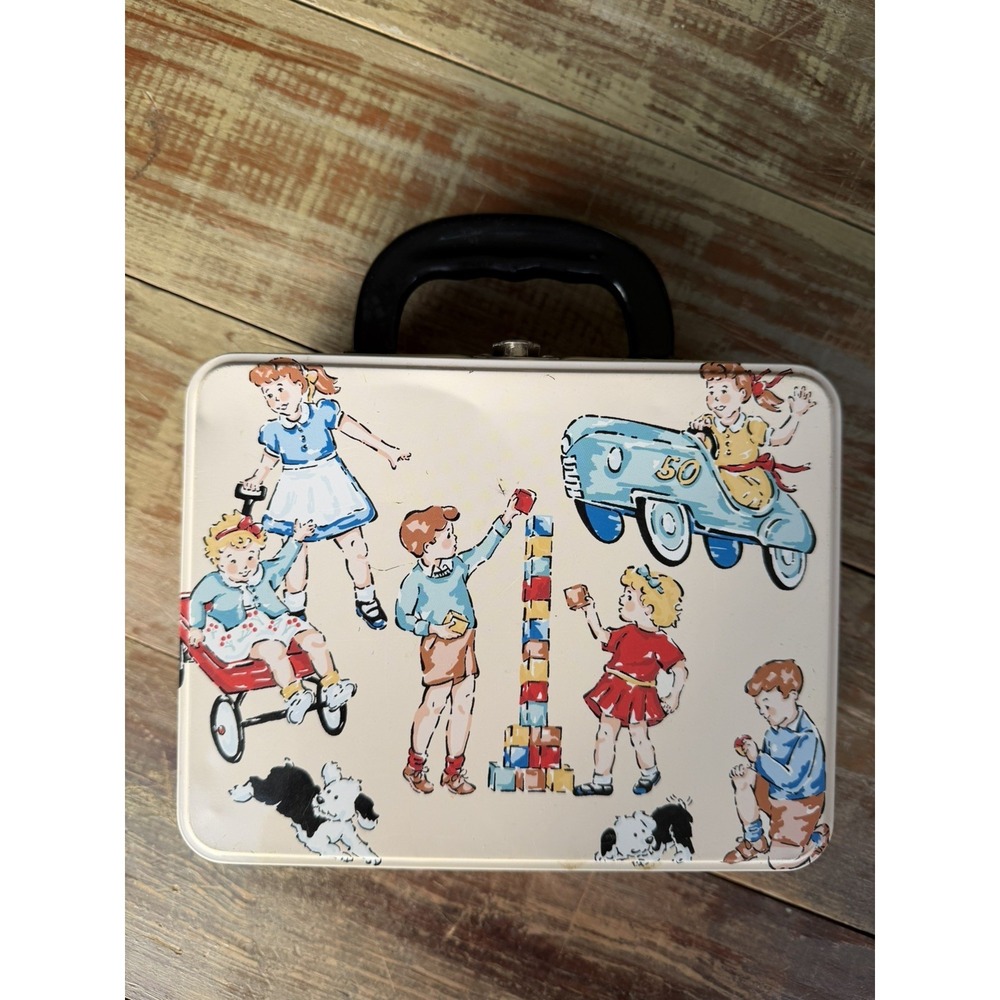 Vtg 1990s Retro Metal Tin Lunch Box 1950s REPRO Kids Blocks Car Wagon Dog Kids